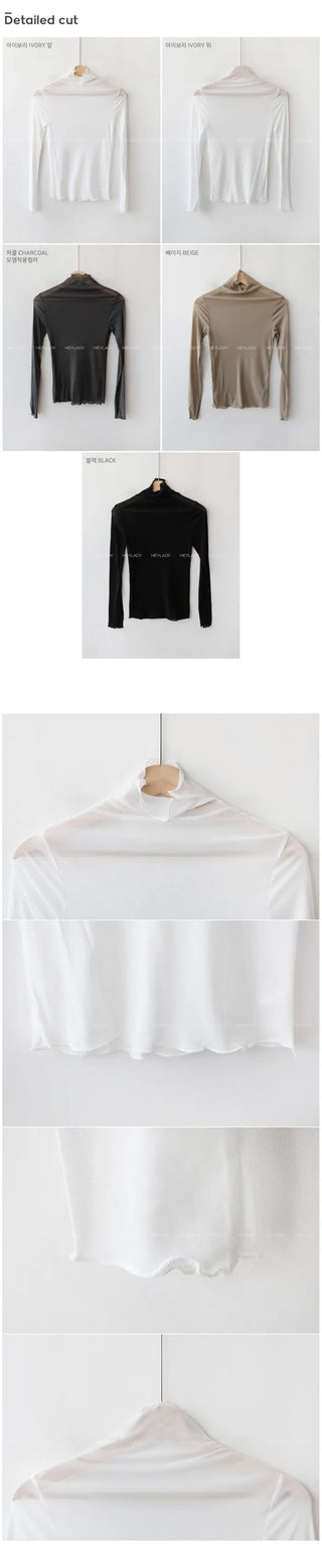 See-through turtleneck long-sleeved T-shirt