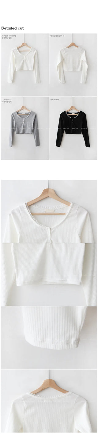 Lace Button Cropped T-Shirt