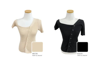 One-shoulder ribbed short-sleeved knit T-shirt (2 colors)