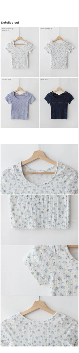 Ribbed Flower U-Neck T-Shirt