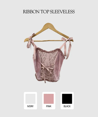 Lace ribbon tie top sleeveless