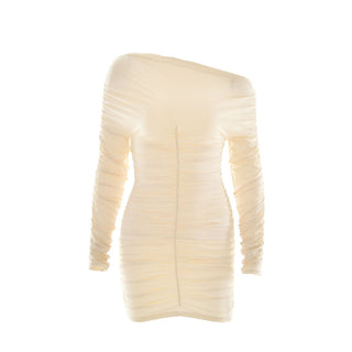 Off shoulder long sleeve ruched mini dress