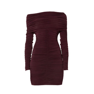 Off shoulder long sleeve ruched mini dress