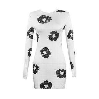 Long sleeve crewneck flower print mini dress