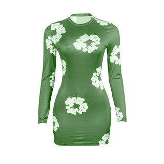 Long sleeve crewneck flower print mini dress