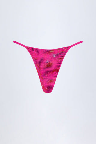 Embellished Thong Bikini Bottoms in Pink Tropical Print