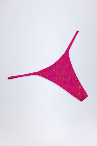 Embellished Thong Bikini Bottoms in Pink Tropical Print