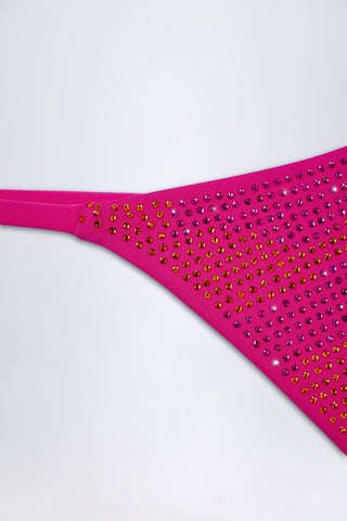 Embellished Thong Bikini Bottoms in Pink Tropical Print