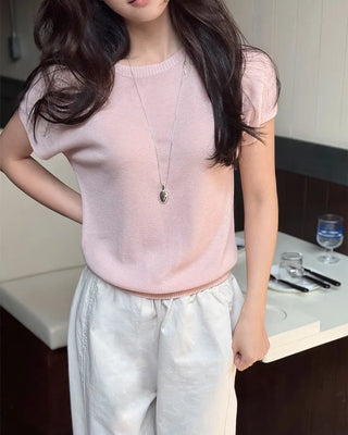 Fluffy short-sleeved summer knit with heart charm