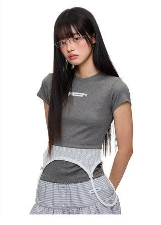 [JIKOO] lace patchwork top
