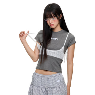[JIKOO] lace patchwork top