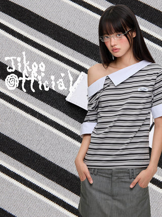 [JIKOO] irregular striped top