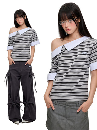 [JIKOO] irregular striped top