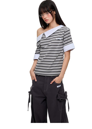 [JIKOO] irregular striped top