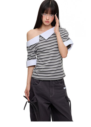 [JIKOO] irregular striped top