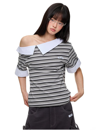 [JIKOO] irregular striped top