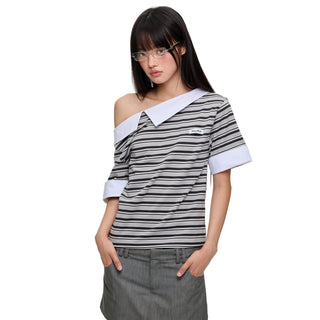 [JIKOO] irregular striped top