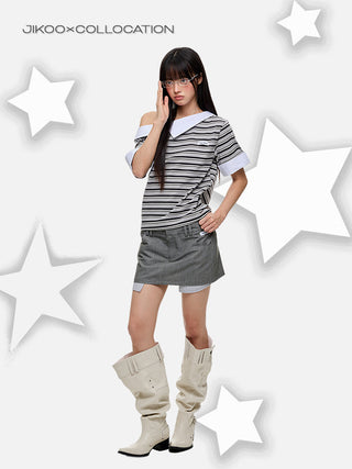 [JIKOO] irregular striped top