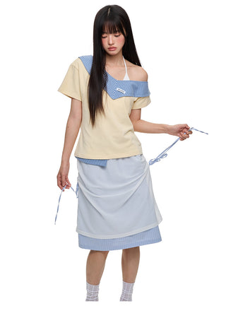 [JIKOO] patchwork stripes skirt