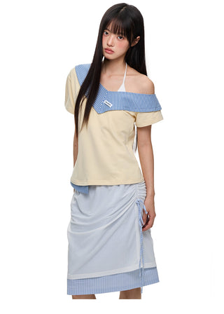 [JIKOO] patchwork stripes skirt