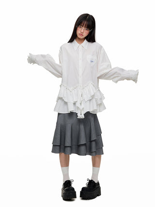 [JIKOO] pleated lace shirt