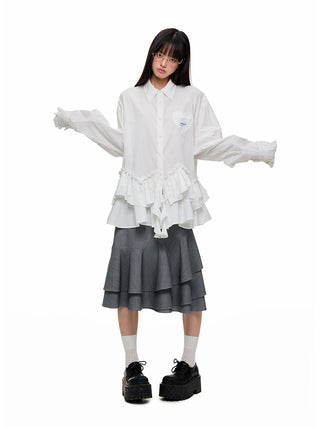 [JIKOO] pleated lace shirt