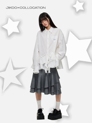 [JIKOO] pleated lace shirt