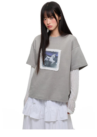 [JIKOO] lace trim tee