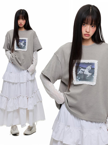 [JIKOO] lace trim tee