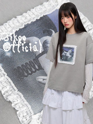 [JIKOO] lace trim tee