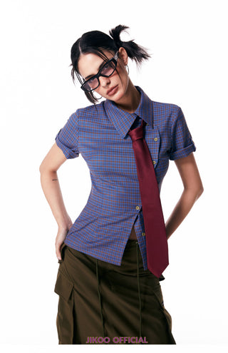 [JIKOO] plaid shoulder shirt
