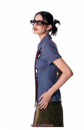 [JIKOO] plaid shoulder shirt
