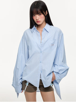[JIKOO] lace-up striped shirt