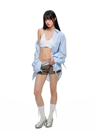 [JIKOO] lace-up striped shirt