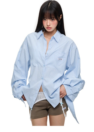 [JIKOO] lace-up striped shirt