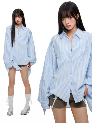 [JIKOO] lace-up striped shirt