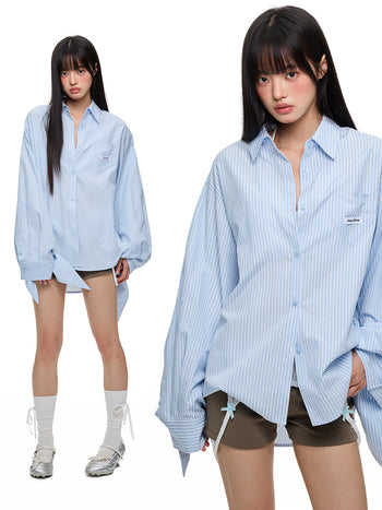 [JIKOO] lace-up striped shirt