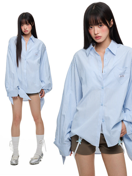 [JIKOO] lace-up striped shirt