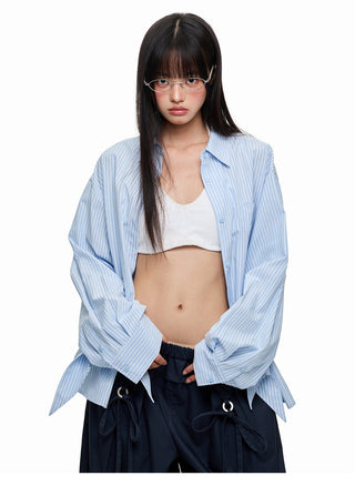 [JIKOO] lace-up striped shirt