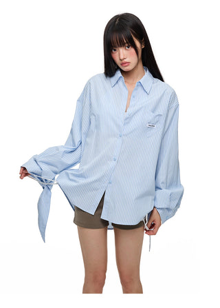 [JIKOO] lace-up striped shirt