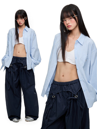[JIKOO] lace-up striped shirt