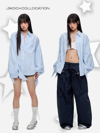 [JIKOO] lace-up striped shirt