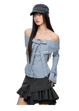 [JIKOO] bow off-shoulder shirt