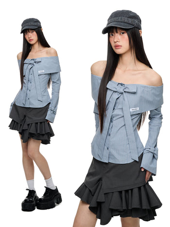 [JIKOO] bow off-shoulder shirt
