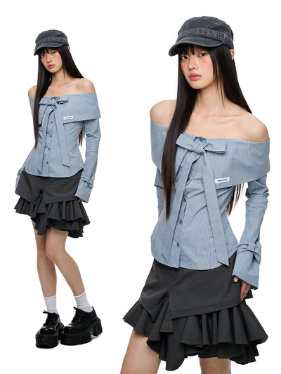 [JIKOO] bow off-shoulder shirt