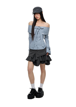 [JIKOO] bow off-shoulder shirt