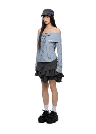 [JIKOO] bow off-shoulder shirt