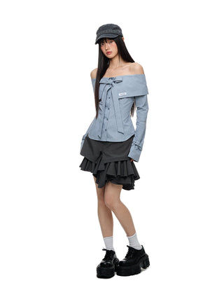 [JIKOO] bow off-shoulder shirt