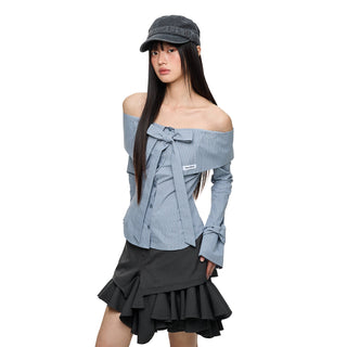 [JIKOO] bow off-shoulder shirt