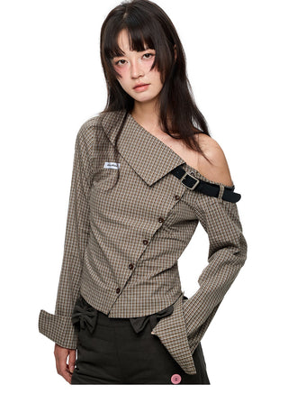[JIKOO] asymmetric plaid shirt